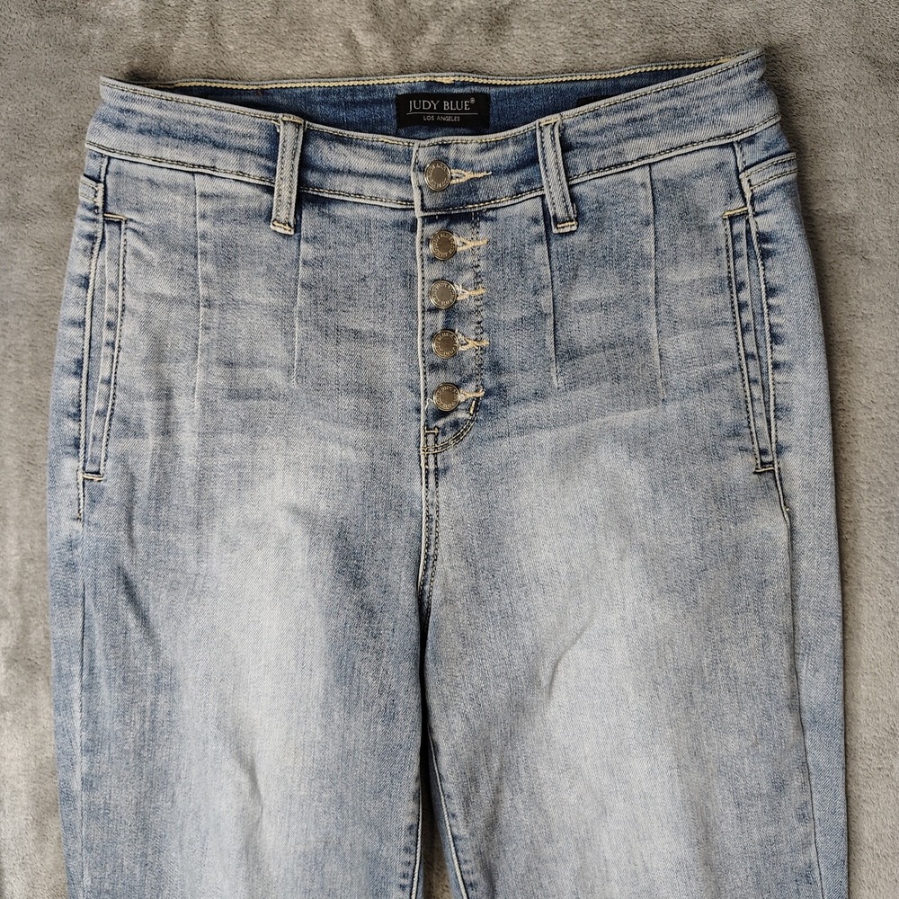 Judy Blue Jeans Womens 29 Blue Wide Leg Cropped Button Fly Medium‎ Stretch Denim - Picture 7 of 16